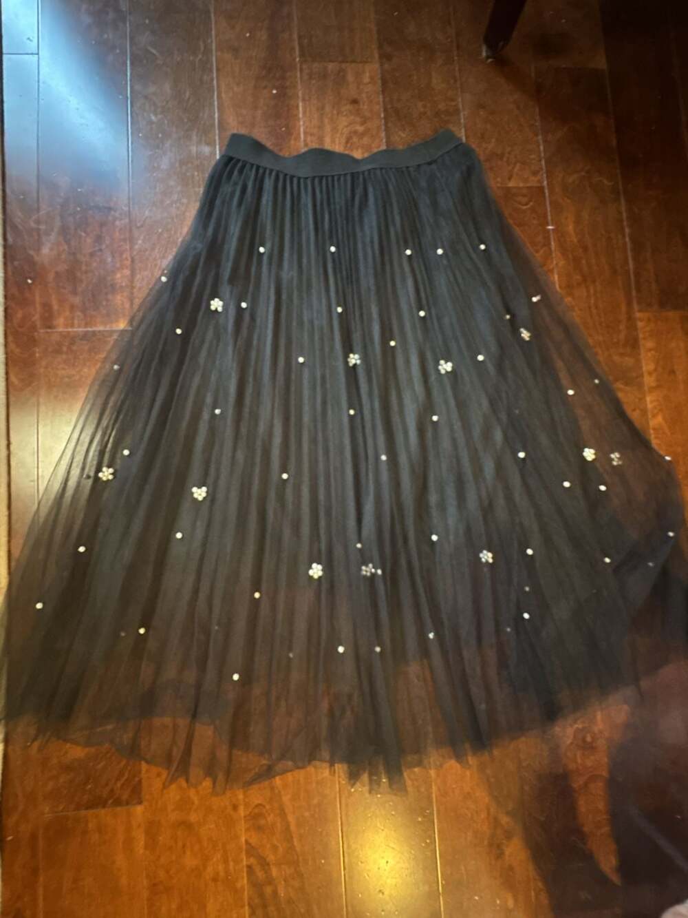 Sadie & Love Black Triple-Layer Sheer Tulle Skirt with Pearl Detail, Size M